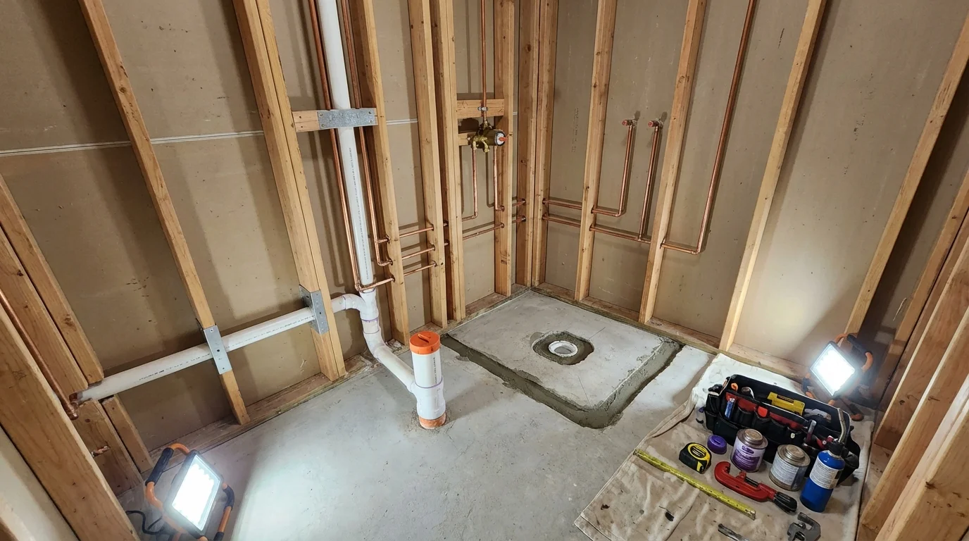 Bathroom rough-in plumbing during remodel by Johns Plumbing LLC in Glassport