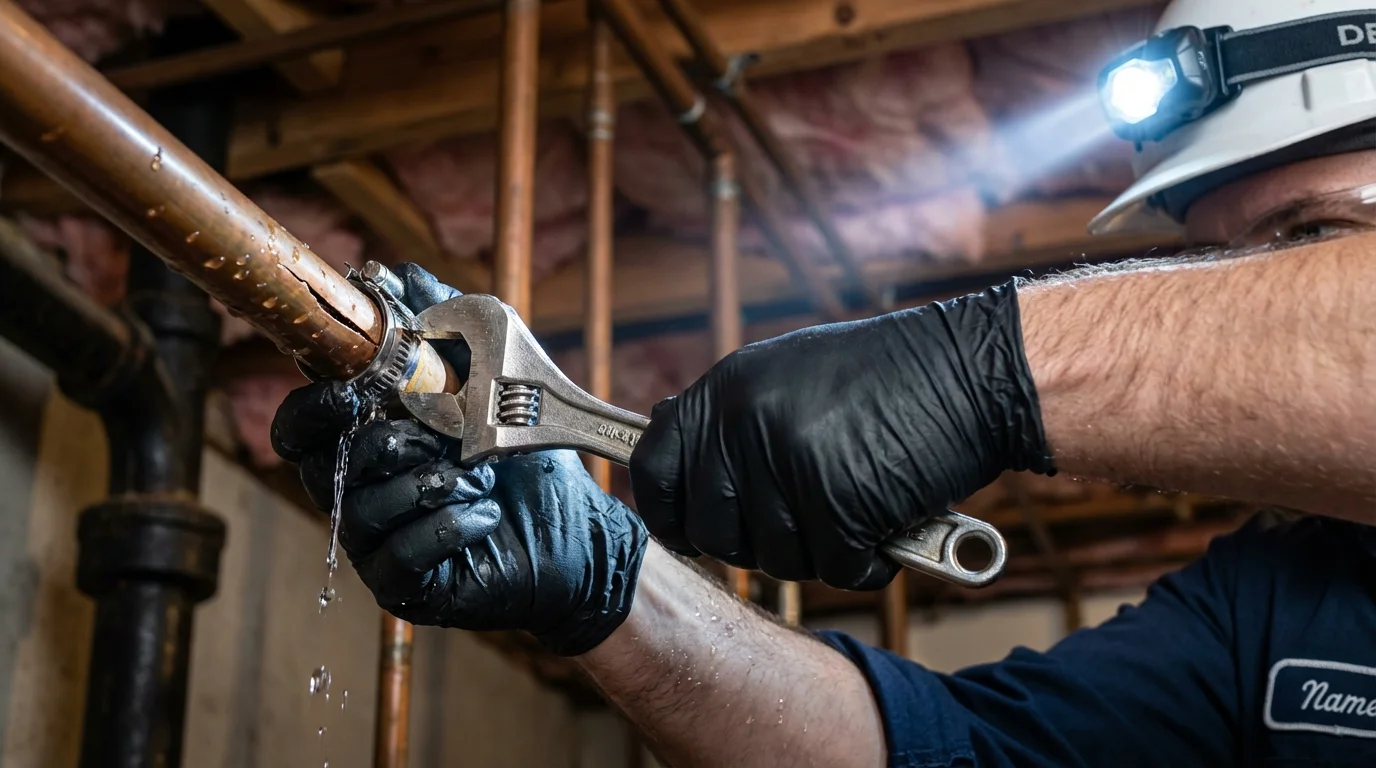 Emergency pipe clamp repair being performed by a Johns Plumbing LLC plumber in Glassport
