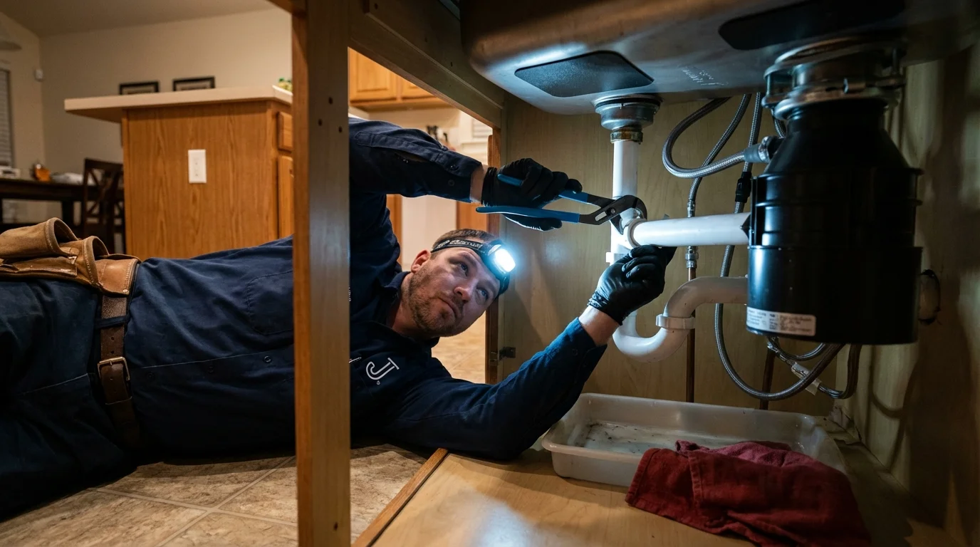 P-trap and supply line connections under a kitchen sink showing a common leak point in Glassport, PA